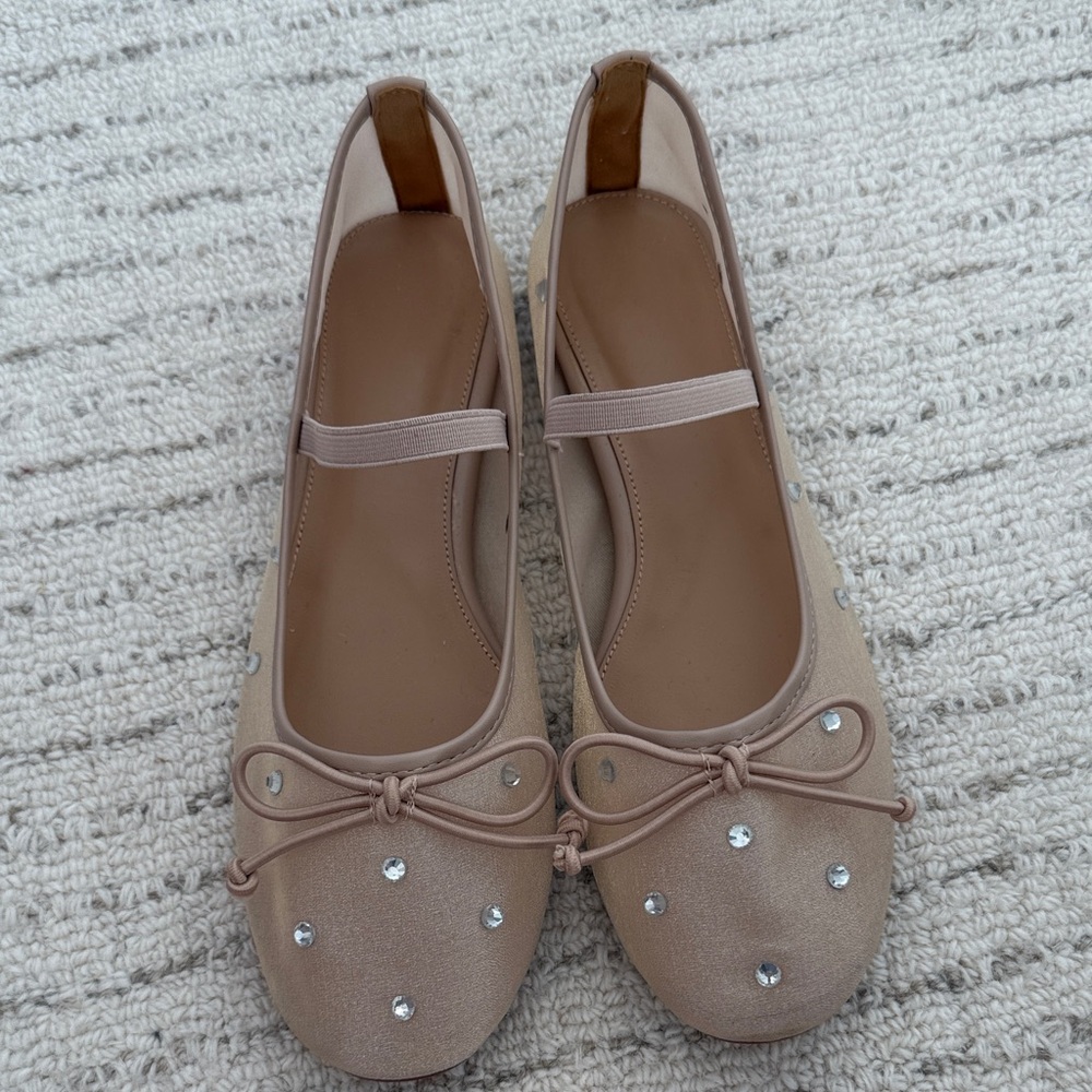 Elegant Tan Ballet Flats with Rhinestone Accents